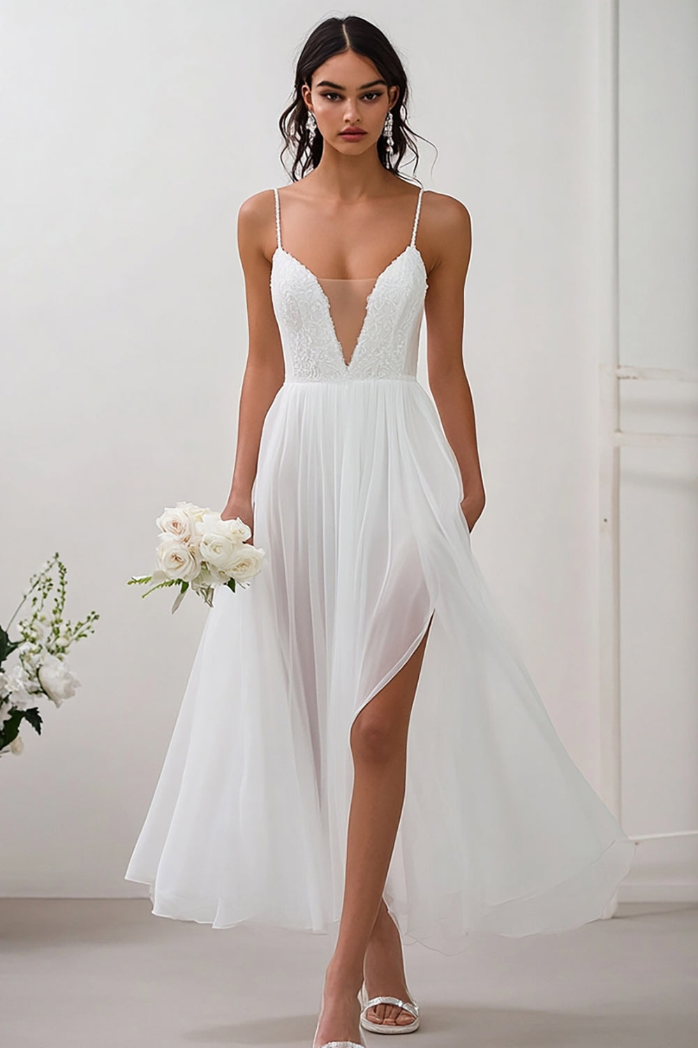 White Chiffon V Neck Long Engagement Dress with Slit
