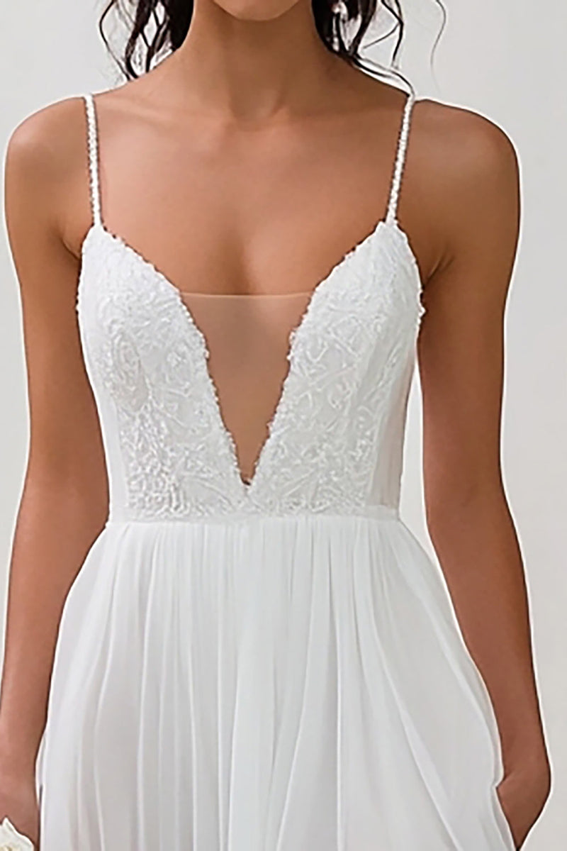Load image into Gallery viewer, White Chiffon V Neck Long Engagement Dress with Slit