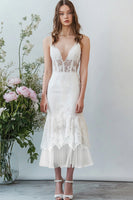 Load image into Gallery viewer, White Lace V Neck Long Mermaid Engagement Dress