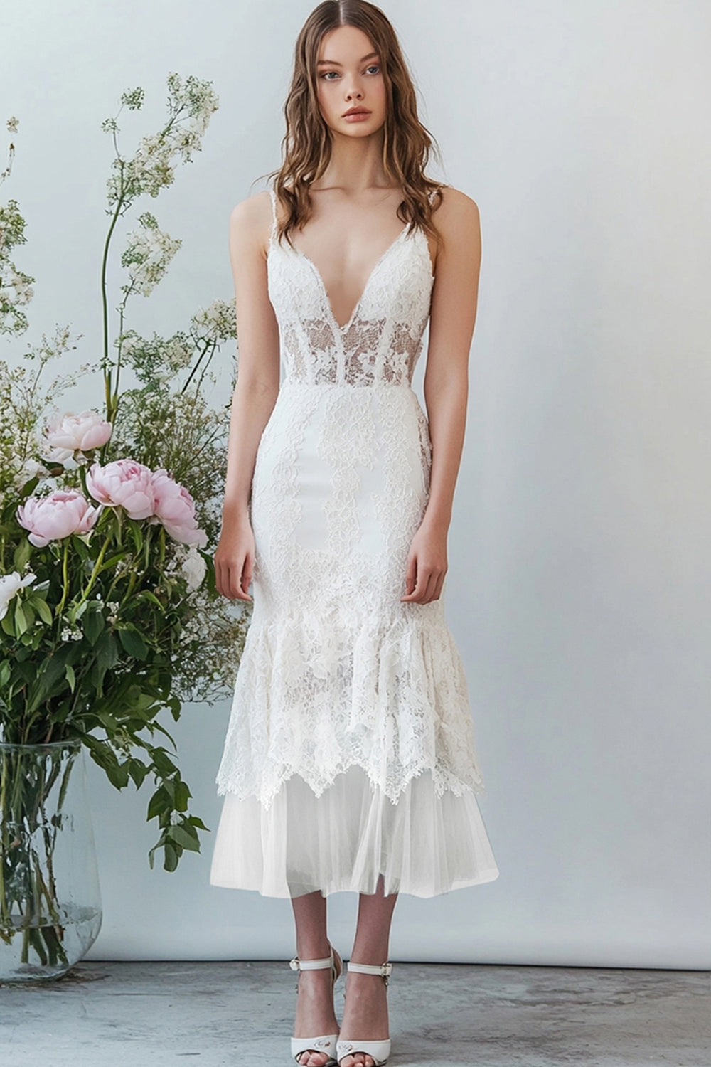 White Lace V Neck Long Mermaid Engagement Dress