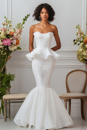 White Satin Strapless Long Mermaid Engagement Dress with Ruffles