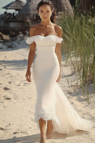 White Satin Long Mermaid Engagement Dress with Ruffles