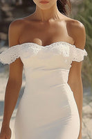 Load image into Gallery viewer, White Satin Long Mermaid Engagement Dress with Ruffles