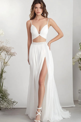 White Two Piece Chiffon Long Engagement Dress with Slit
