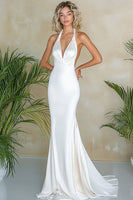 Load image into Gallery viewer, White Satin Long Halter Mermaid Engagement Dress