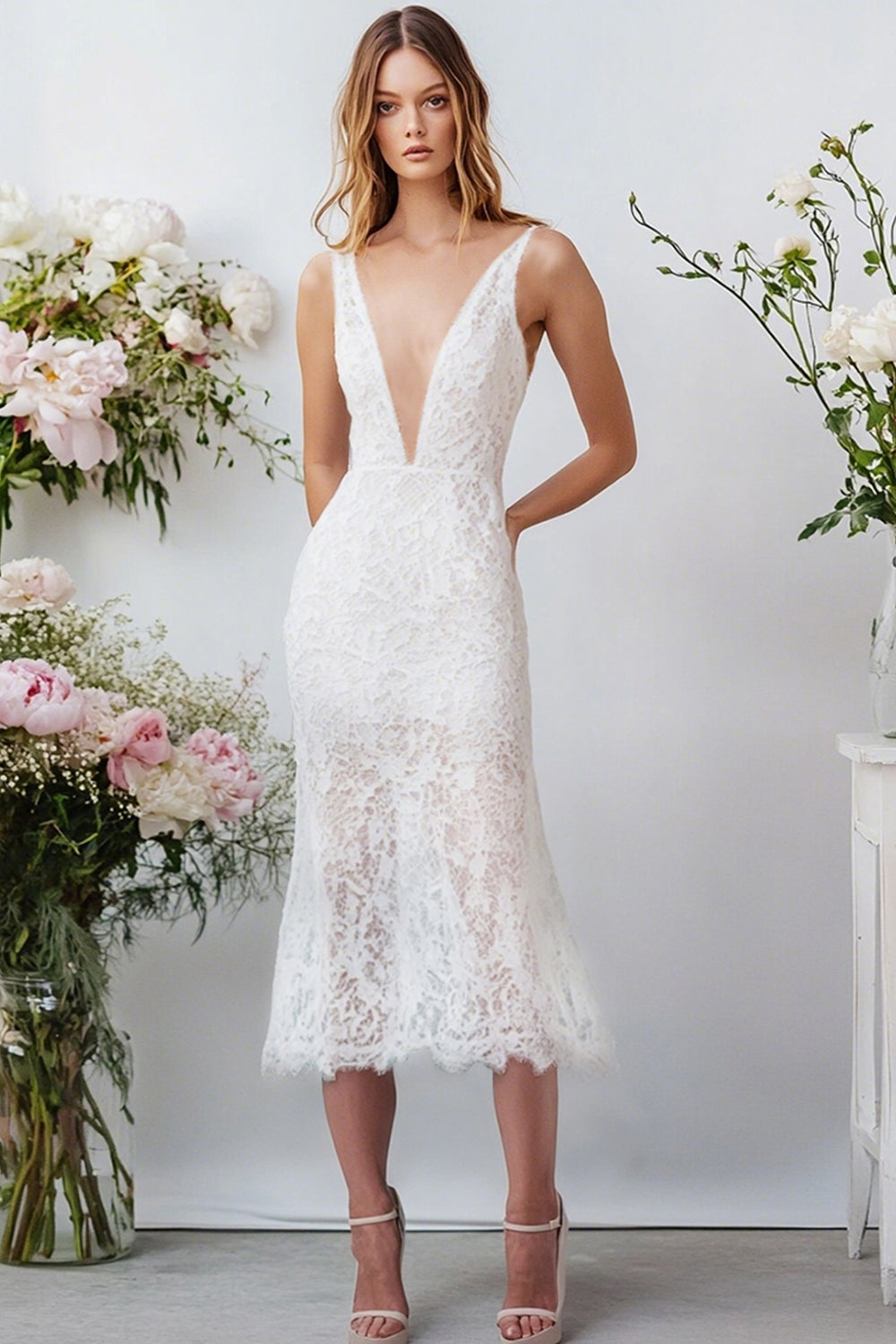 White Lace V Neck Long Sheath Engagement Dress