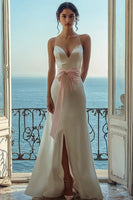 Load image into Gallery viewer, White Satin Spaghetti Straps Formal Dress with Slit