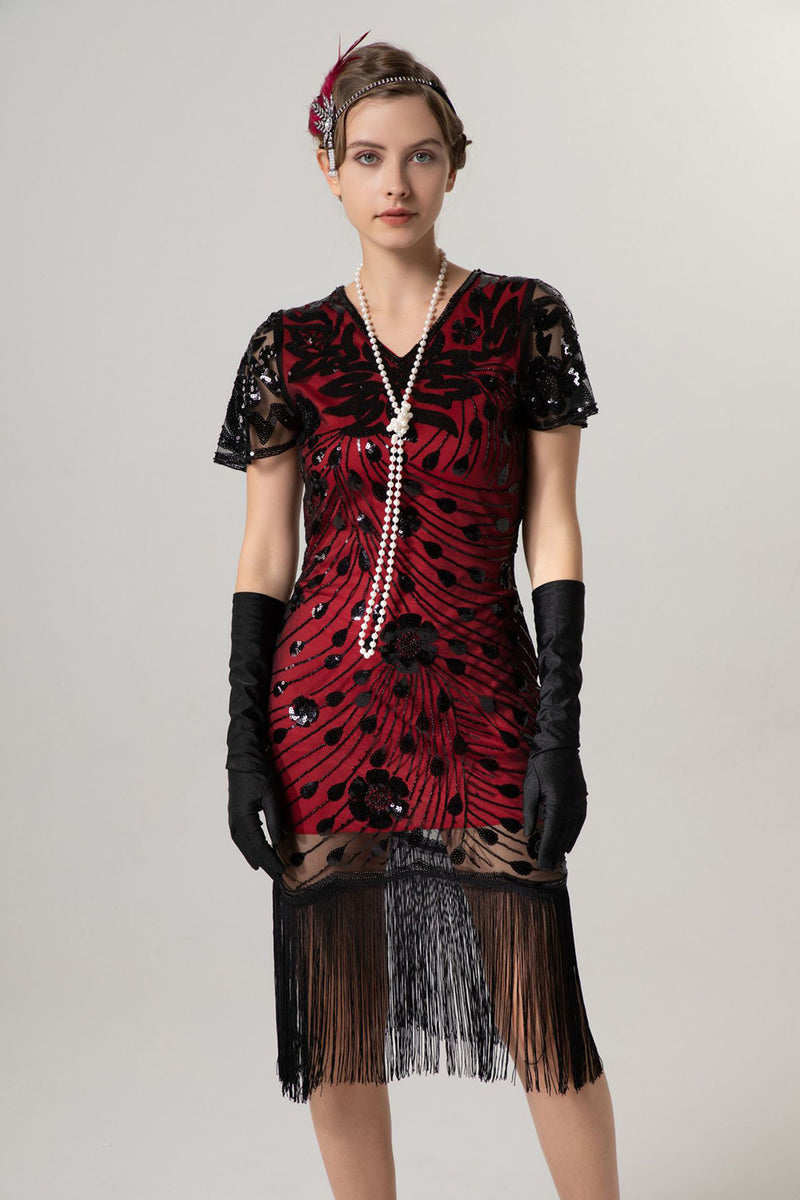 Load image into Gallery viewer, Sparkly Black Golden Bodycon Short Fringe 1920s Dress