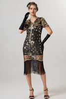 Load image into Gallery viewer, Sparkly Black Golden Bodycon Short Fringe 1920s Dress