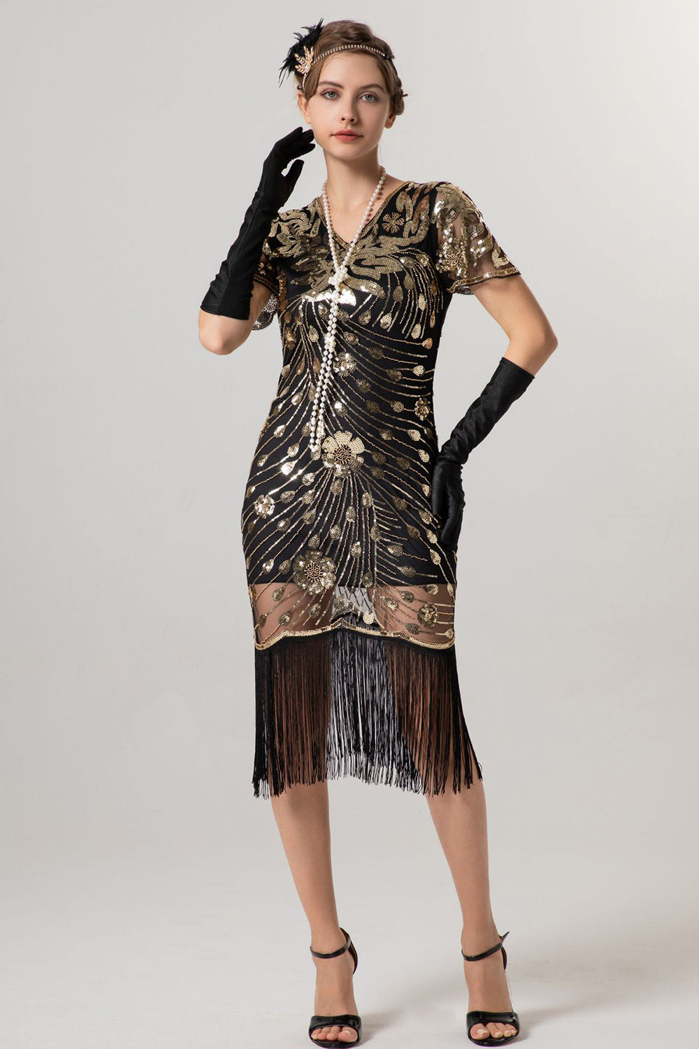 Sparkly Black Golden Bodycon Short Fringe 1920s Dress