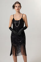 Load image into Gallery viewer, Sparkly Black Golden Spaghetti Straps Fringe 1920s Dress