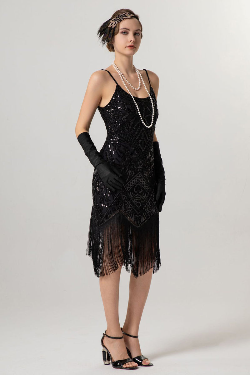 Load image into Gallery viewer, Sparkly Black Golden Spaghetti Straps Fringe 1920s Dress
