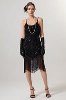 Load image into Gallery viewer, Sparkly Black Golden Spaghetti Straps Fringe 1920s Dress