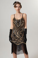 Load image into Gallery viewer, Sparkly Black Golden Spaghetti Straps Fringe 1920s Dress