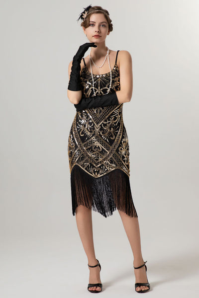 Sparkly Black Golden Spaghetti Straps Fringe 1920s Dress
