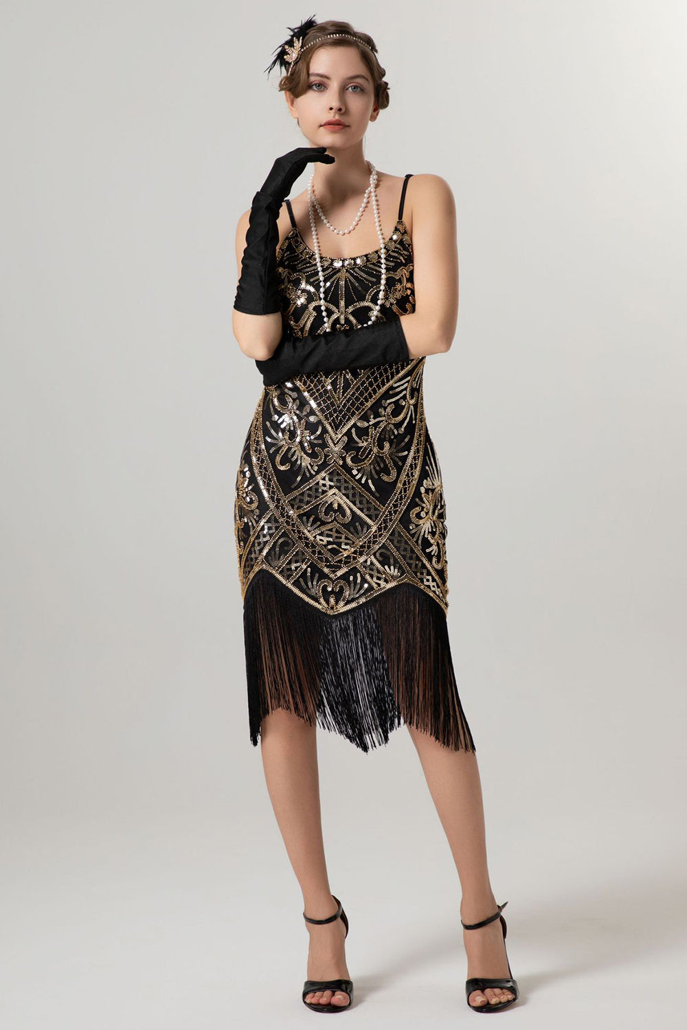 Sparkly Black Golden Spaghetti Straps Fringe 1920s Dress