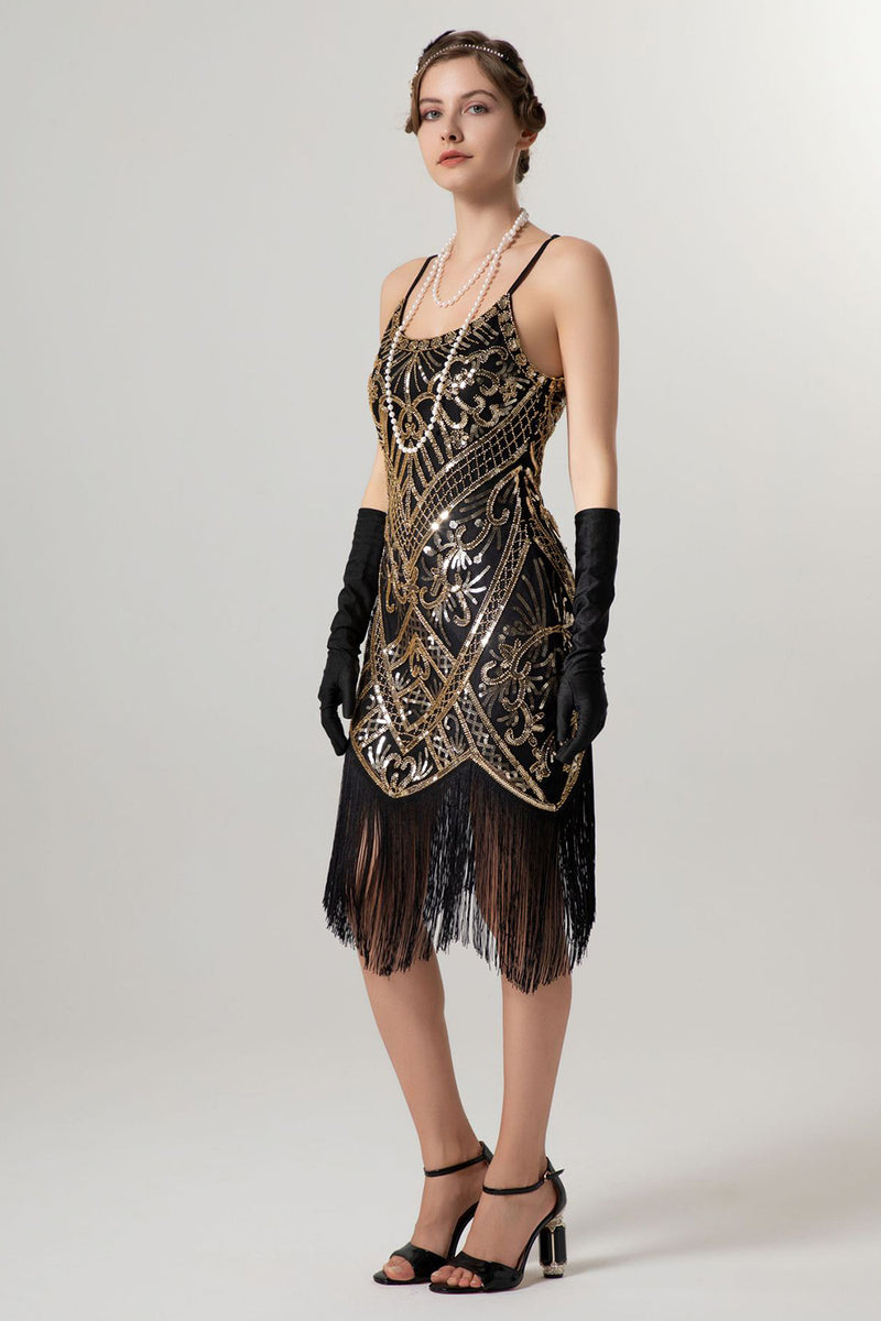 Load image into Gallery viewer, Sparkly Black Golden Spaghetti Straps Fringe 1920s Dress