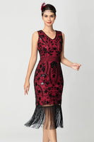 Load image into Gallery viewer, Sparkly Black Burgundy Sleeveless Fringe 1920s Dress