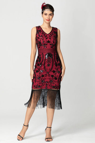 Sparkly Black Burgundy Sleeveless Fringe 1920s Dress