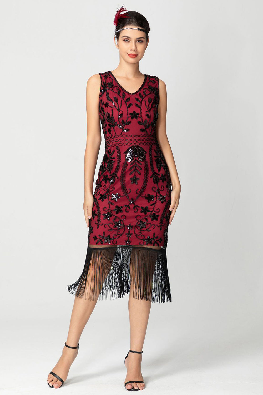 Sparkly Black Burgundy Sleeveless Fringe 1920s Dress