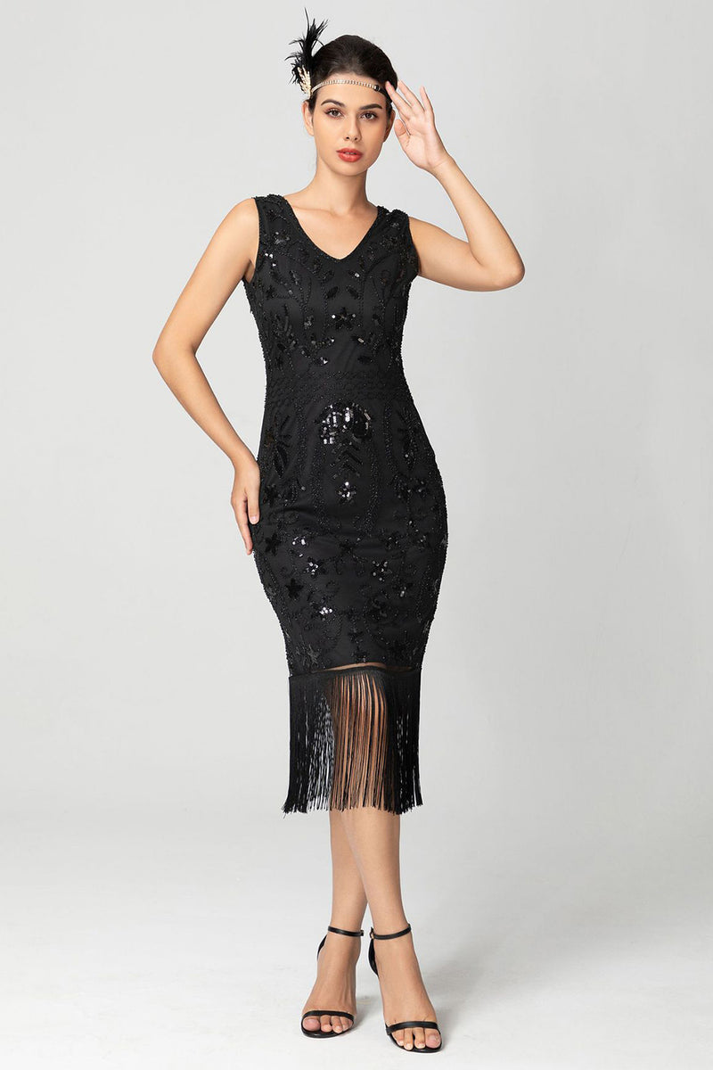 Load image into Gallery viewer, Sparkly Black Burgundy Sleeveless Fringe 1920s Dress