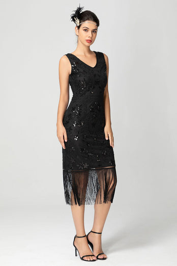 Sparkly Black Burgundy Sleeveless Fringe 1920s Dress