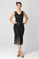 Load image into Gallery viewer, Sparkly Black Burgundy Sleeveless Fringe 1920s Dress