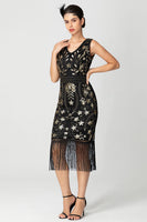 Load image into Gallery viewer, Sparkly Black Burgundy Sleeveless Fringe 1920s Dress