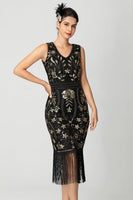 Load image into Gallery viewer, Sparkly Black Burgundy Sleeveless Fringe 1920s Dress