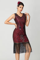 Load image into Gallery viewer, Black Burgundy Bodycon Short Fringe 1920s Dress