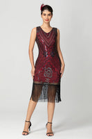 Load image into Gallery viewer, Women Black Burgundy Bodycon Short Fringe 1920s Dress V-Neck Sleeveless Vintage Dress