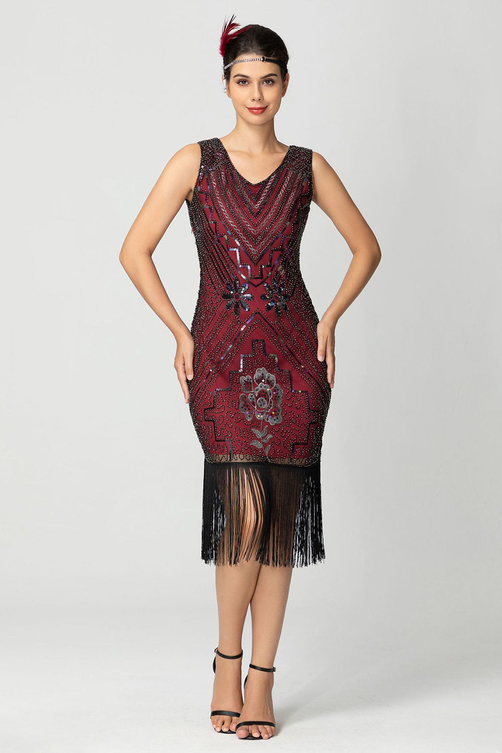 Black Burgundy Bodycon Short Fringe 1920s Dress