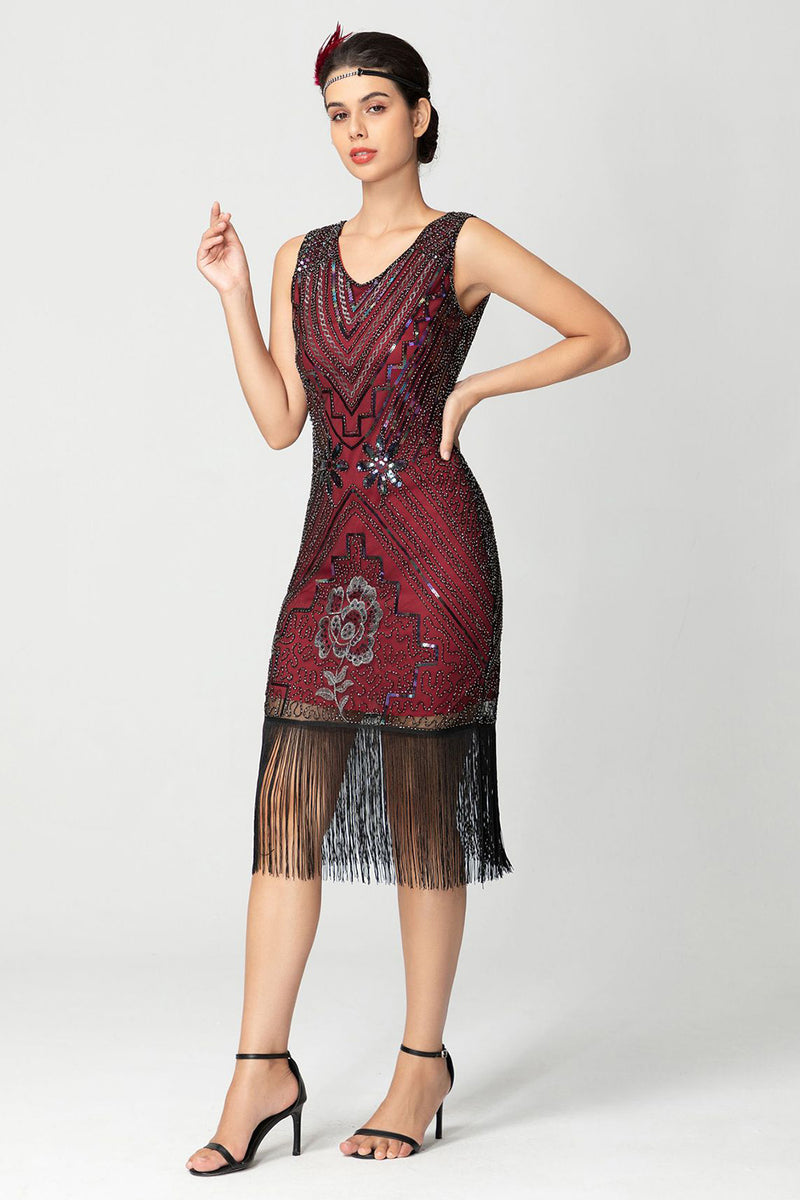 Load image into Gallery viewer, Black Burgundy Bodycon Short Fringe 1920s Dress