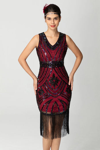 Sparkly Black Burgundy Bodycon Sleeveless Fringe 1920s Dress