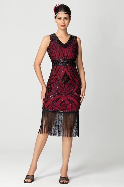 Sparkly Black Burgundy Bodycon Sleeveless Fringe 1920s Dress