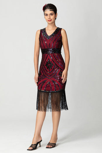 Sparkly Black Burgundy Bodycon Sleeveless Fringe 1920s Dress