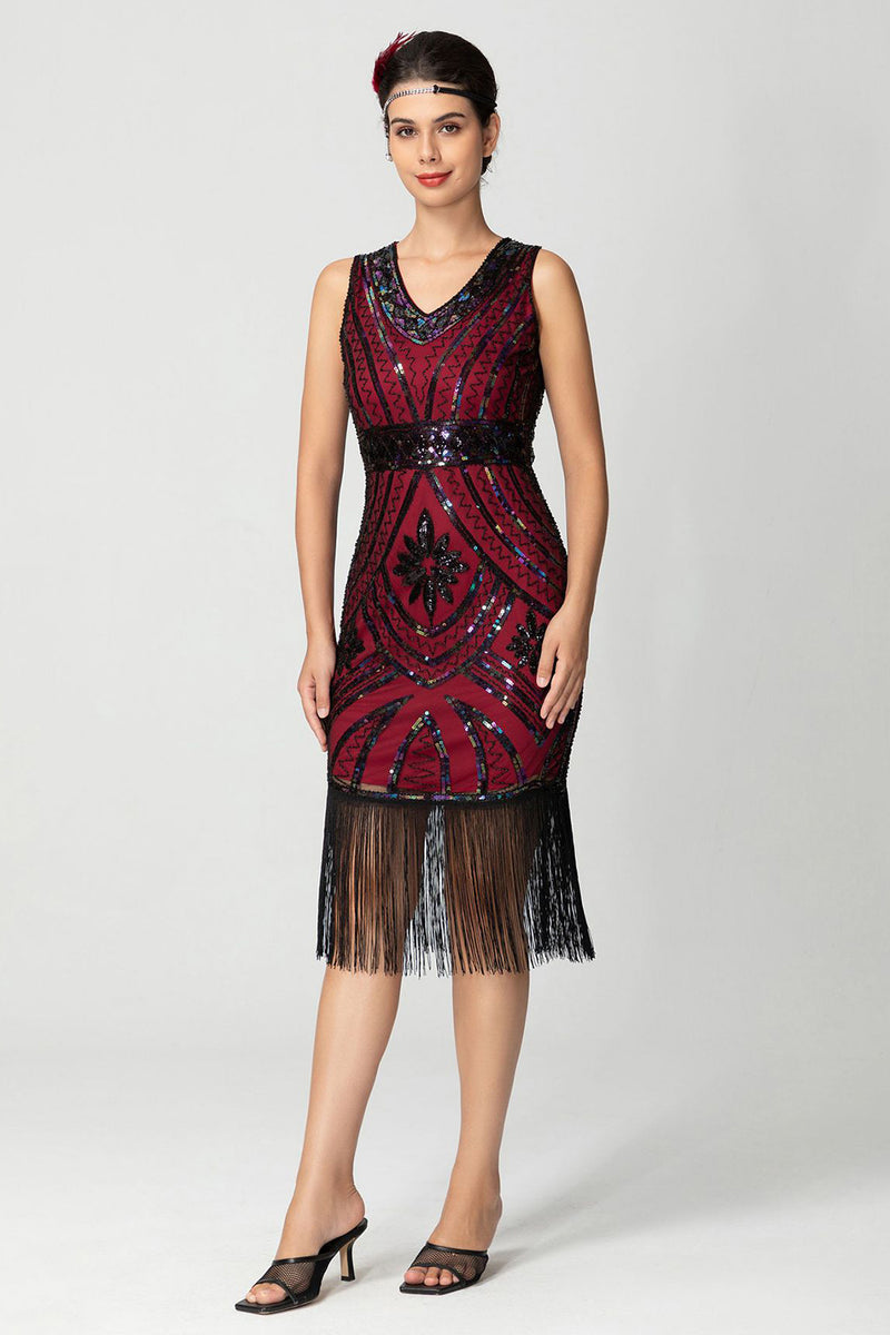 Load image into Gallery viewer, Sparkly Black Burgundy Bodycon Sleeveless Fringe 1920s Dress