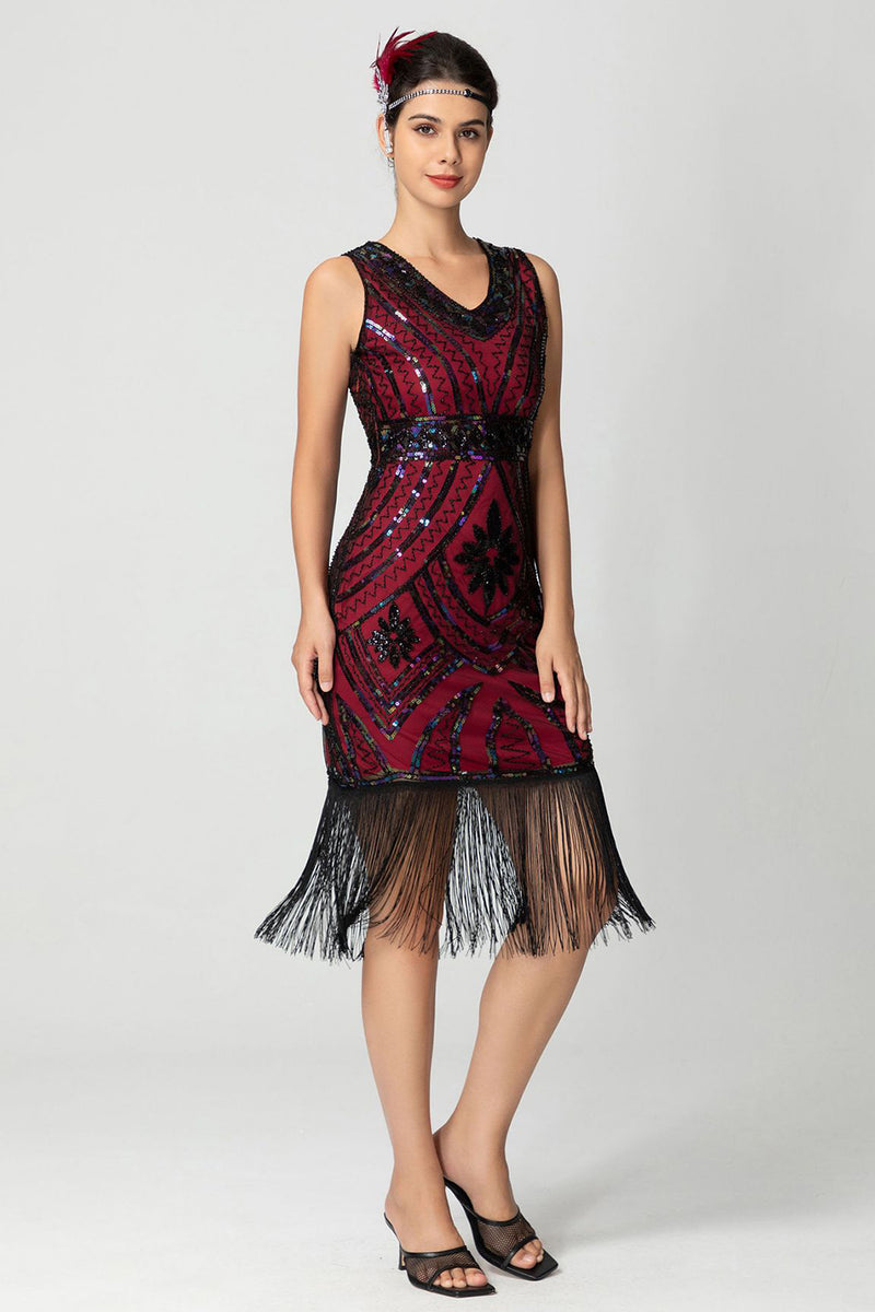 Load image into Gallery viewer, Sparkly Black Burgundy Bodycon Sleeveless Fringe 1920s Dress