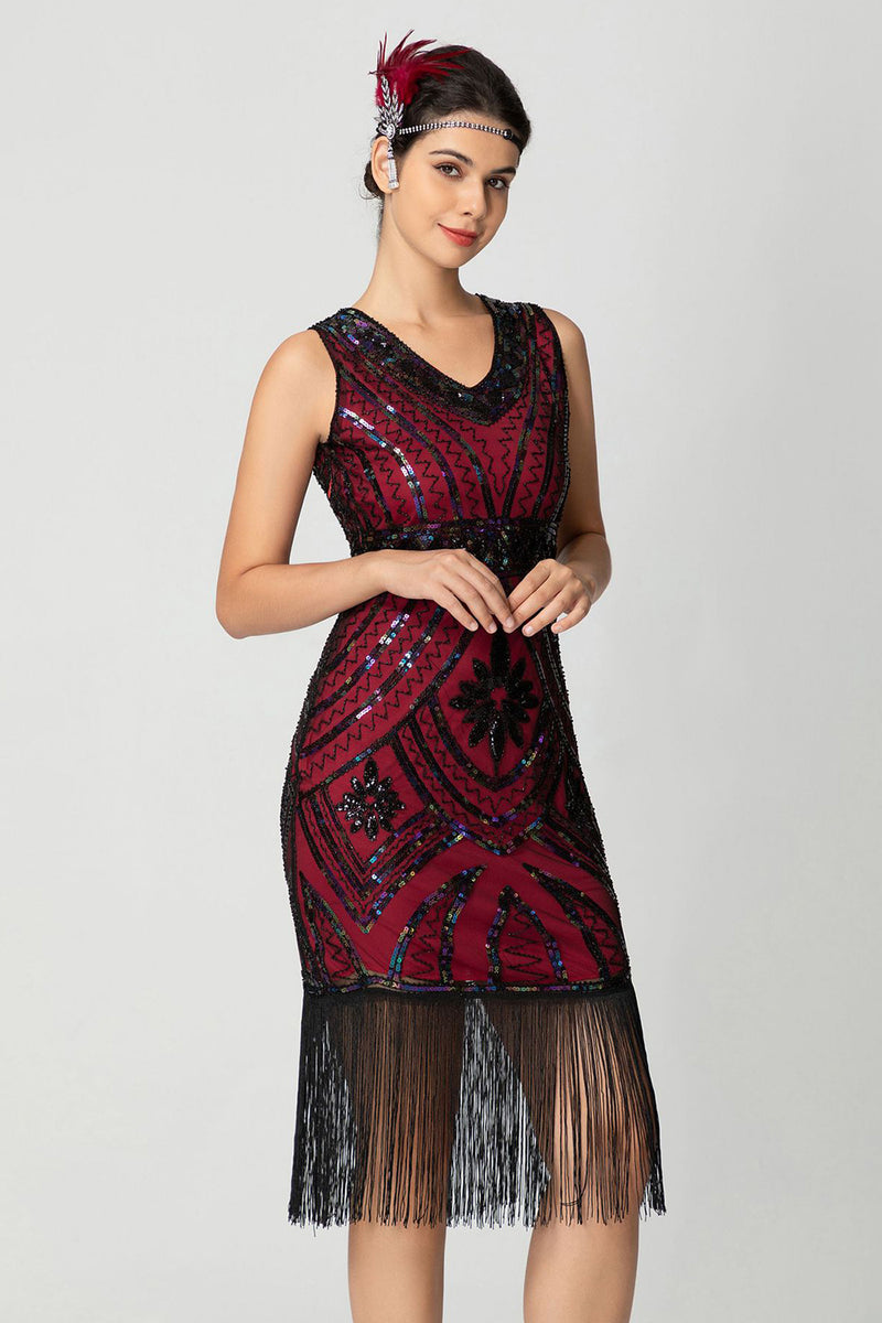 Load image into Gallery viewer, Sparkly Black Burgundy Bodycon Sleeveless Fringe 1920s Dress