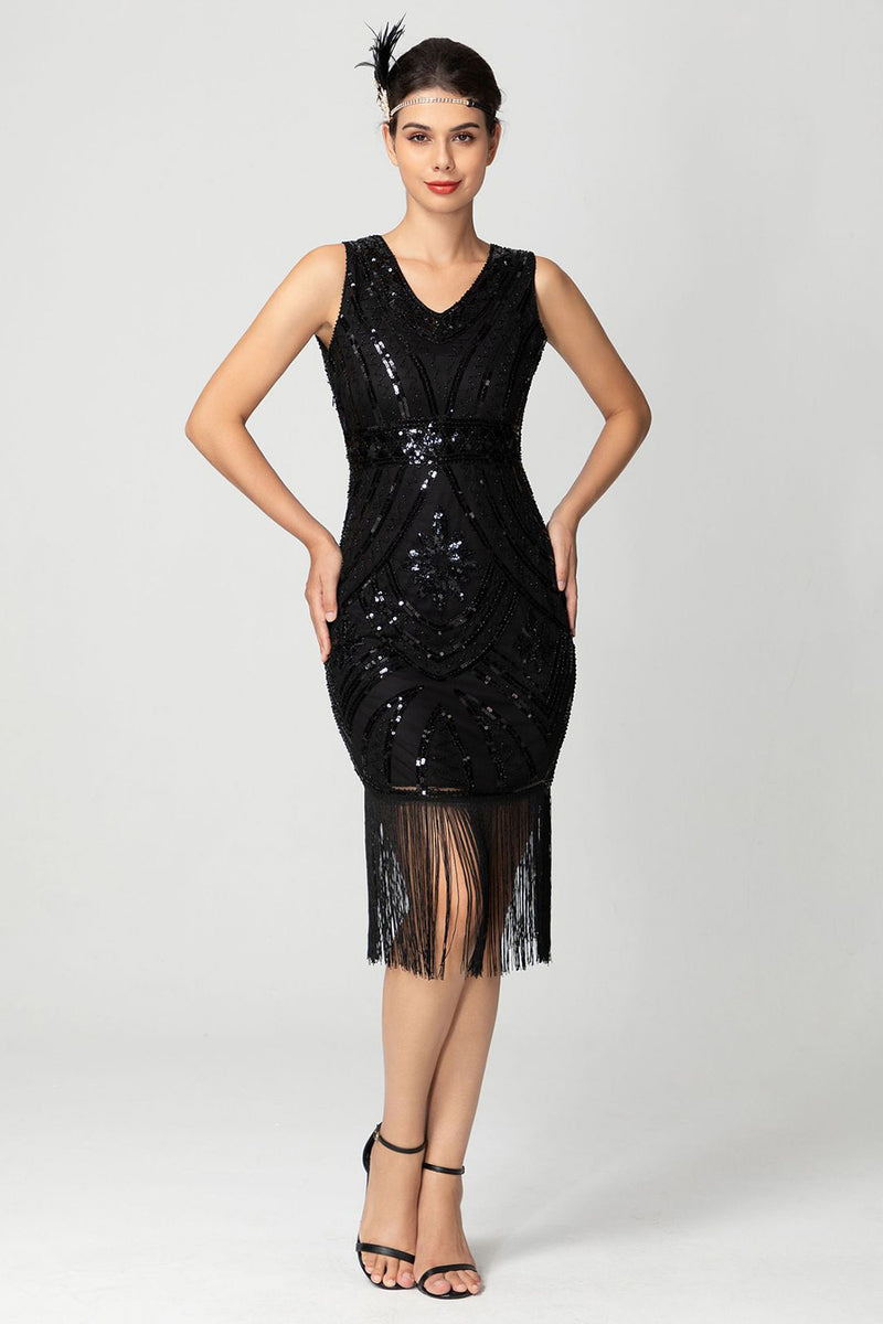 Load image into Gallery viewer, Sparkly Black Burgundy Bodycon Sleeveless Fringe 1920s Dress
