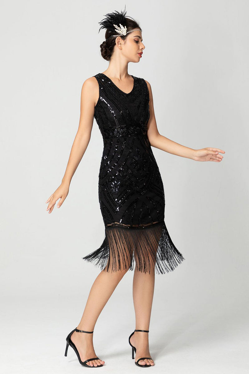 Load image into Gallery viewer, Sparkly Black Burgundy Bodycon Sleeveless Fringe 1920s Dress