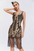 Load image into Gallery viewer, Sparkly Black Golden Bodycon Sleeveless 1920s Dress with Fringes