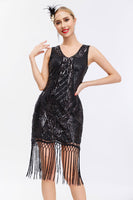 Load image into Gallery viewer, Sparkly Black Golden Bodycon Sleeveless 1920s Dress with Fringes