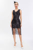 Load image into Gallery viewer, Sparkly Black Golden Bodycon Sleeveless 1920s Dress with Fringes
