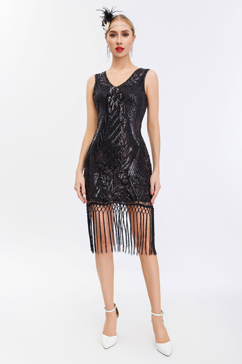 Load image into Gallery viewer, Sparkly Black Golden Bodycon Sleeveless 1920s Dress with Fringes