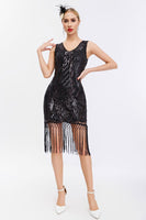 Load image into Gallery viewer, Sparkly Black Golden Bodycon Sleeveless 1920s Dress with Fringes