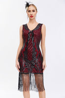 Load image into Gallery viewer, Sparkly Black Golden Bodycon Sleeveless 1920s Dress with Fringes