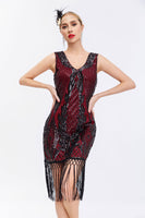Load image into Gallery viewer, Sparkly Black Golden Bodycon Sleeveless 1920s Dress with Fringes