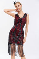 Load image into Gallery viewer, Sparkly Black Golden Bodycon Sleeveless 1920s Dress with Fringes