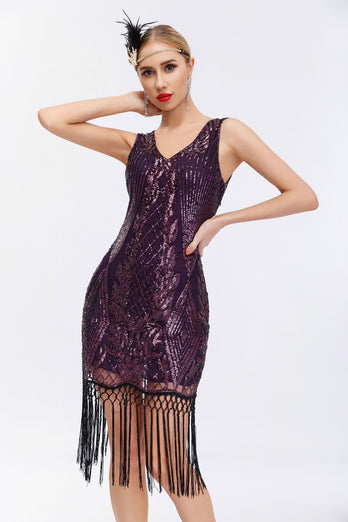 Sparkly Black Golden Bodycon Sleeveless 1920s Dress with Fringes